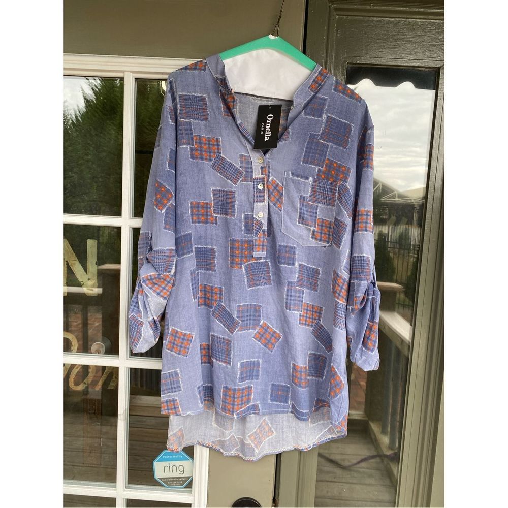 Ornella Paris NWT Blue Red Picnic Plaid Italian Blouse Tunic Top, Size Medium